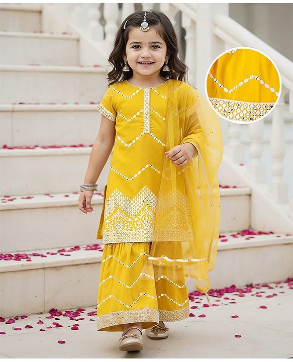 Babyhug Georgette Woven Half Sleeves   Embroidered Kurti Gharara Co-Ord Set with Dupatta - Yellow