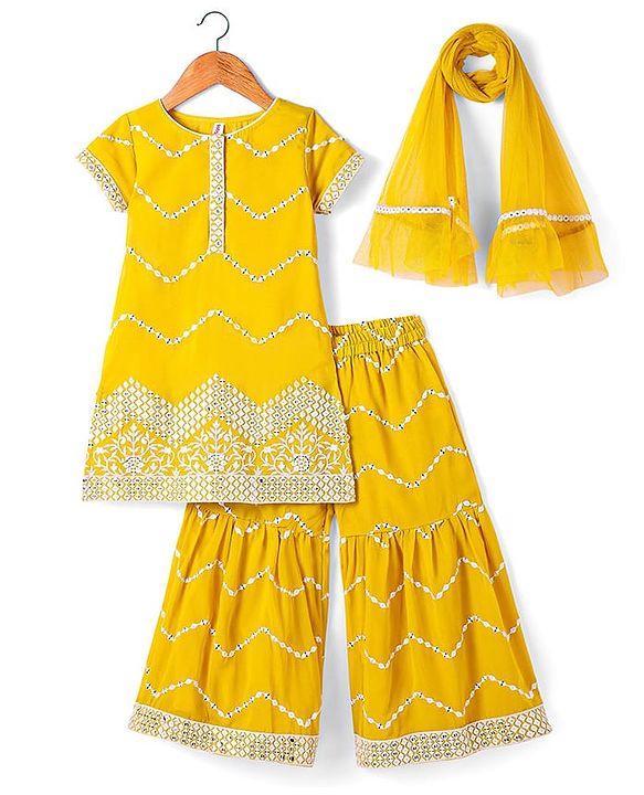 Babyhug Georgette Woven Half Sleeves   Embroidered Kurti Gharara Co-Ord Set with Dupatta - Yellow