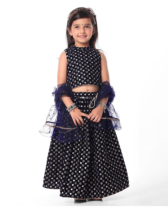 Babyhug Velvet Woven Sleeveless Floral & Mirror Embroidered Choli With Lehenga & Dupatta - Navy Blue