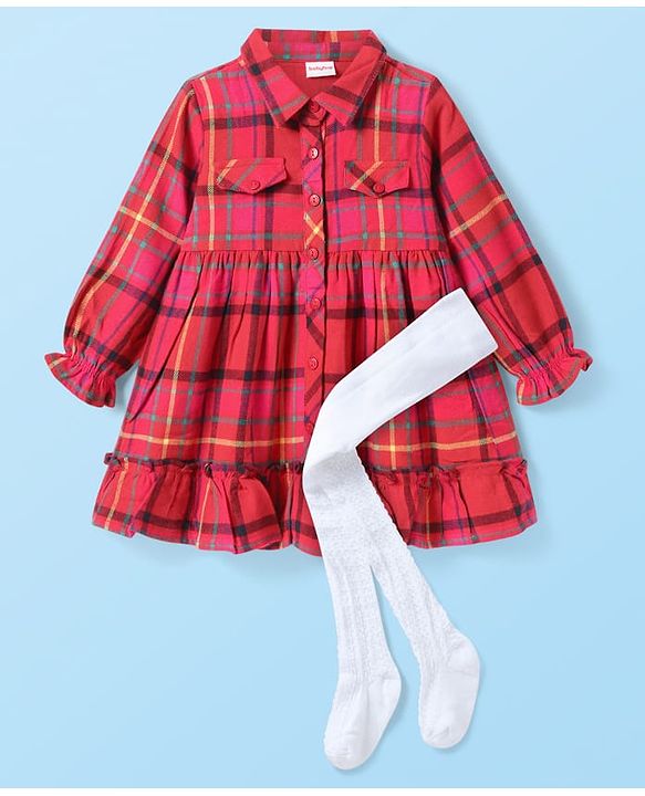 Babyhug Cotton Woven Full Sleeves Front Open Checkered Frock with Leggings - Red