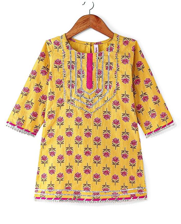 Babyhug Woven Three Fourth  Sleeves Floral Cambric Printed Kurti Gharara & Dupatta Set  - Yellow