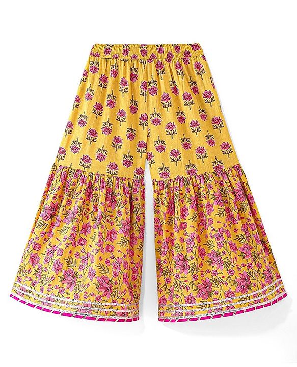 Babyhug Woven Three Fourth  Sleeves Floral Cambric Printed Kurti Gharara & Dupatta Set  - Yellow