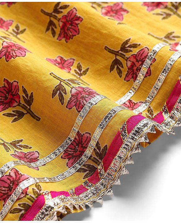 Babyhug Woven Three Fourth  Sleeves Floral Cambric Printed Kurti Gharara & Dupatta Set  - Yellow