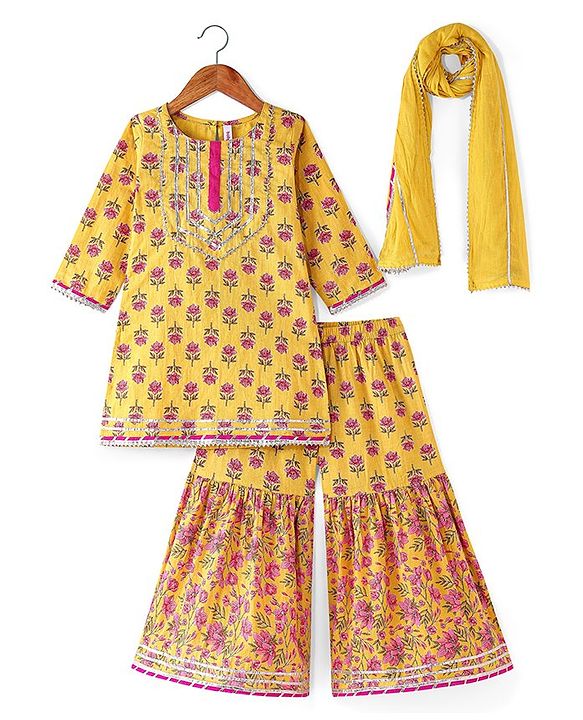 Babyhug Woven Three Fourth  Sleeves Floral Cambric Printed Kurti Gharara & Dupatta Set  - Yellow
