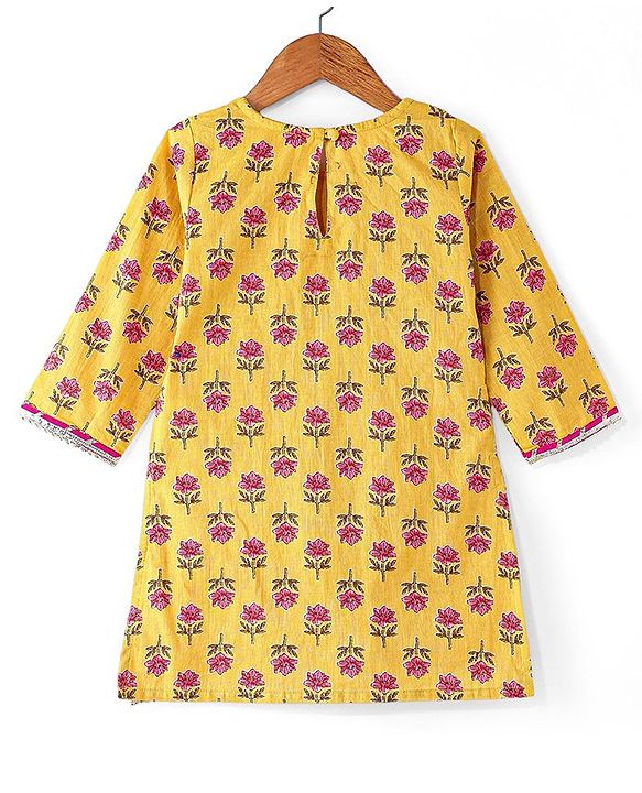 Babyhug Woven Three Fourth  Sleeves Floral Cambric Printed Kurti Gharara & Dupatta Set  - Yellow