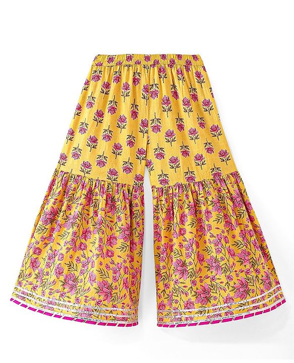 Babyhug Woven Three Fourth  Sleeves Floral Cambric Printed Kurti Gharara & Dupatta Set  - Yellow