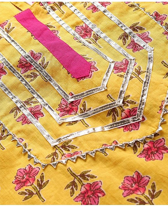 Babyhug Woven Three Fourth  Sleeves Floral Cambric Printed Kurti Gharara & Dupatta Set  - Yellow