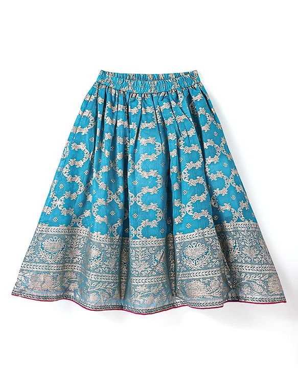 Babyhug Woven Short Sleeves Sequined Embroidered & Foil Floral Printed Choli Lehenga Set with Dupatta & Lace Detailing - Light Blue