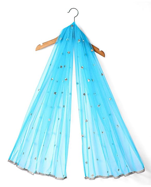 Babyhug Woven Short Sleeves Sequined Embroidered & Foil Floral Printed Choli Lehenga Set with Dupatta & Lace Detailing - Light Blue