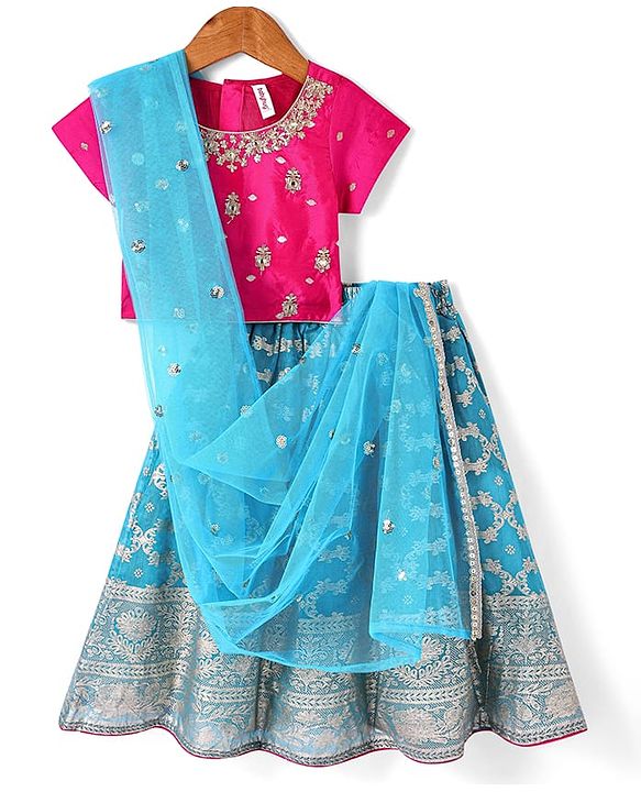 Babyhug Woven Short Sleeves Sequined Embroidered & Foil Floral Printed Choli Lehenga Set with Dupatta & Lace Detailing - Light Blue