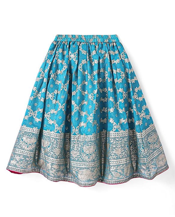 Babyhug Woven Short Sleeves Sequined Embroidered & Foil Floral Printed Choli Lehenga Set with Dupatta & Lace Detailing - Light Blue