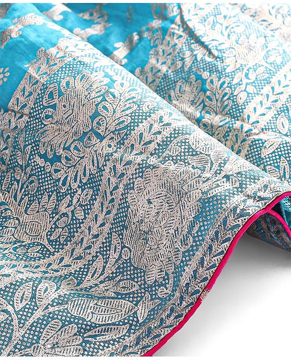 Babyhug Woven Short Sleeves Sequined Embroidered & Foil Floral Printed Choli Lehenga Set with Dupatta & Lace Detailing - Light Blue