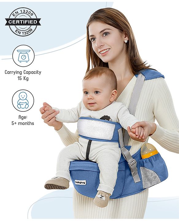 Babyhug Luxe Lift 4-in-1 Ergonomic Hip Seat Carrier: Padded Waist Support, Adjustable Straps, 4 Carrying Positions, Side Storage & Optimal Weight Distribution  For Babies 5 Months+ up to 15 kg - Blue