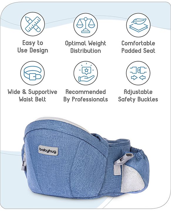 Babyhug Luxe Lift 4-in-1 Ergonomic Hip Seat Carrier: Padded Waist Support, Adjustable Straps, 4 Carrying Positions, Side Storage & Optimal Weight Distribution  For Babies 5 Months+ up to 15 kg - Blue
