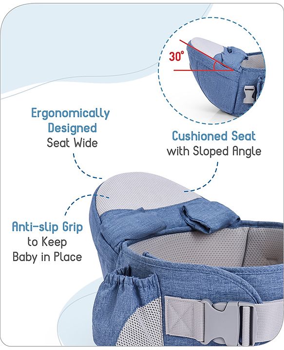 Babyhug Luxe Lift 4-in-1 Ergonomic Hip Seat Carrier: Padded Waist Support, Adjustable Straps, 4 Carrying Positions, Side Storage & Optimal Weight Distribution  For Babies 5 Months+ up to 15 kg - Blue