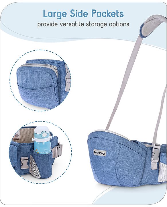 Babyhug Luxe Lift 4-in-1 Ergonomic Hip Seat Carrier: Padded Waist Support, Adjustable Straps, 4 Carrying Positions, Side Storage & Optimal Weight Distribution  For Babies 5 Months+ up to 15 kg - Blue