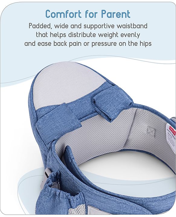 Babyhug Luxe Lift 4-in-1 Ergonomic Hip Seat Carrier: Padded Waist Support, Adjustable Straps, 4 Carrying Positions, Side Storage & Optimal Weight Distribution  For Babies 5 Months+ up to 15 kg - Blue