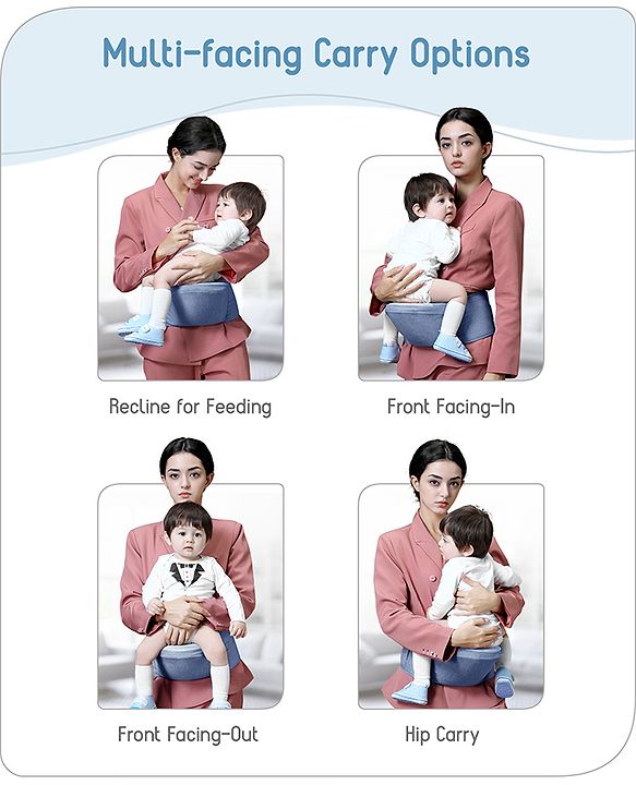 Babyhug Luxe Lift 4-in-1 Ergonomic Hip Seat Carrier: Padded Waist Support, Adjustable Straps, 4 Carrying Positions, Side Storage & Optimal Weight Distribution  For Babies 5 Months+ up to 15 kg - Blue