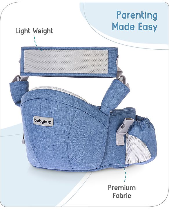 Babyhug Luxe Lift 4-in-1 Ergonomic Hip Seat Carrier: Padded Waist Support, Adjustable Straps, 4 Carrying Positions, Side Storage & Optimal Weight Distribution  For Babies 5 Months+ up to 15 kg - Blue
