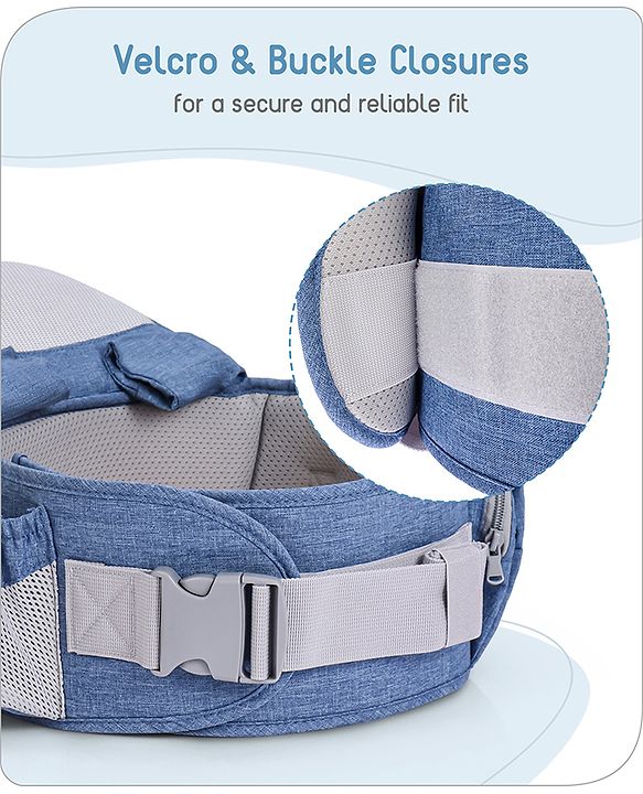 Babyhug Luxe Lift 4-in-1 Ergonomic Hip Seat Carrier: Padded Waist Support, Adjustable Straps, 4 Carrying Positions, Side Storage & Optimal Weight Distribution  For Babies 5 Months+ up to 15 kg - Blue