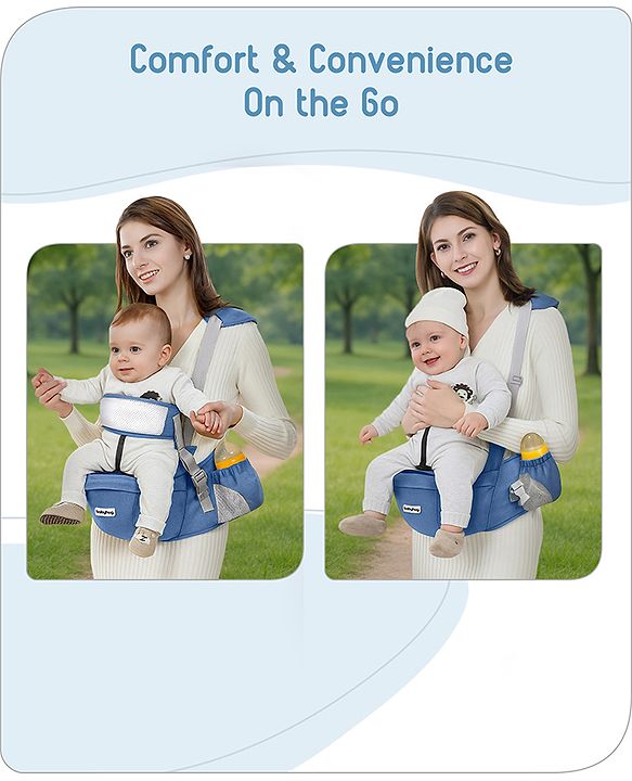Babyhug Luxe Lift 4-in-1 Ergonomic Hip Seat Carrier: Padded Waist Support, Adjustable Straps, 4 Carrying Positions, Side Storage & Optimal Weight Distribution  For Babies 5 Months+ up to 15 kg - Blue