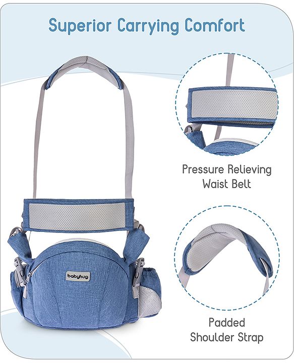 Babyhug Luxe Lift 4-in-1 Ergonomic Hip Seat Carrier: Padded Waist Support, Adjustable Straps, 4 Carrying Positions, Side Storage & Optimal Weight Distribution  For Babies 5 Months+ up to 15 kg - Blue
