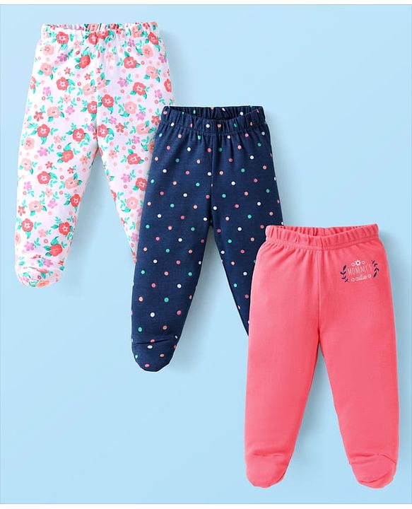 Babyhug Interlock Knit Footed Leggings with Polka Dots & Floral Print Pack of 3 - Navy Blue