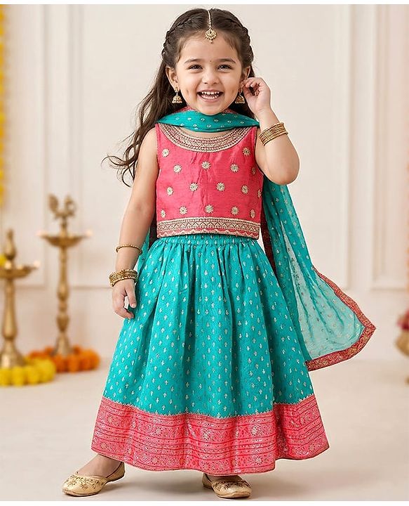 Babyhug Woven Sleeveless Choli Lehenga & Dupatta Set with Foil Print - Pink & Aqua Blue