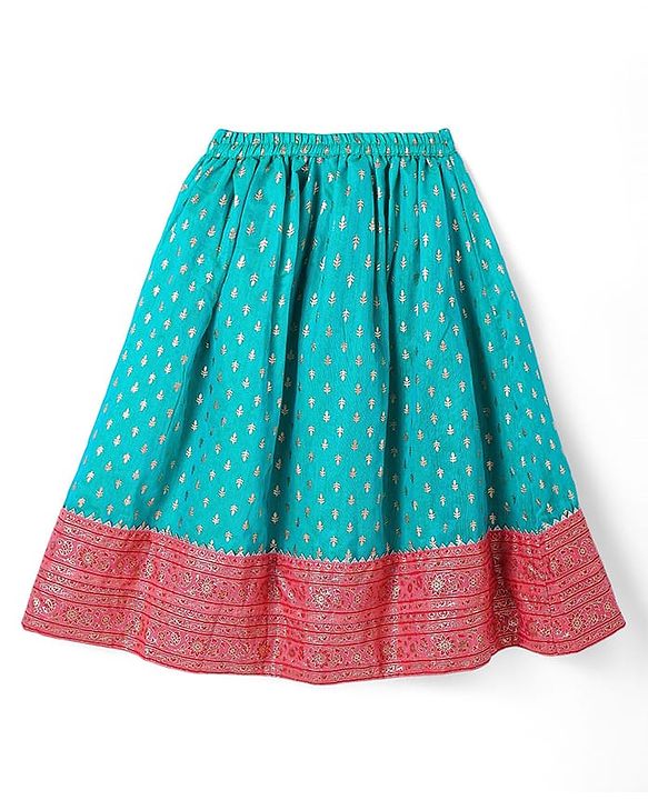 Babyhug Woven Sleeveless Choli Lehenga & Dupatta Set with Foil Print - Pink & Aqua Blue