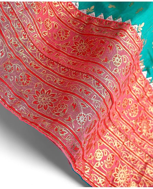 Babyhug Woven Sleeveless Choli Lehenga & Dupatta Set with Foil Print - Pink & Aqua Blue