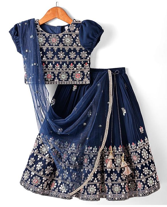 Babyhug Woven Short Puffed Sleeves Floral Embroidered Choli With Lehenga & Dupatta Set - Teal Blue