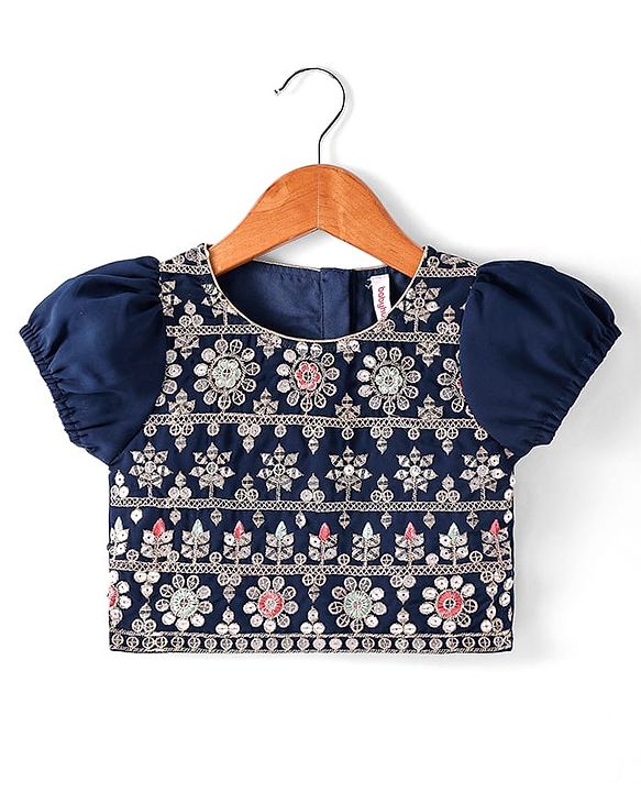Babyhug Woven Short Puffed Sleeves Floral Embroidered Choli With Lehenga & Dupatta Set - Teal Blue