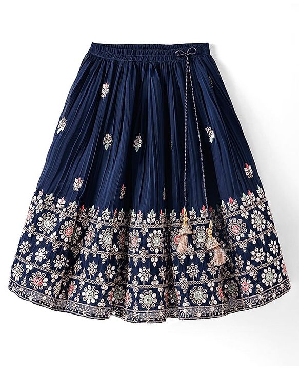 Babyhug Woven Short Puffed Sleeves Floral Embroidered Choli With Lehenga & Dupatta Set - Teal Blue