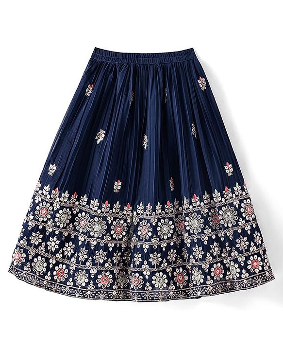 Babyhug Woven Short Puffed Sleeves Floral Embroidered Choli With Lehenga & Dupatta Set - Teal Blue