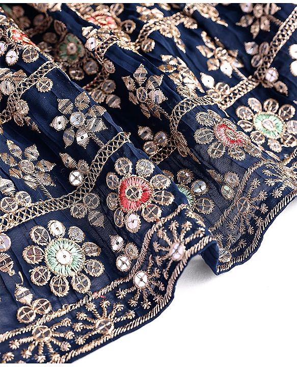Babyhug Woven Short Puffed Sleeves Floral Embroidered Choli With Lehenga & Dupatta Set - Teal Blue