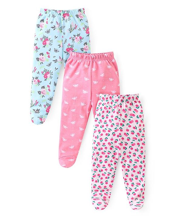 Babyhug Interlock Cotton Knit Bootie Leggings with Floral Print Pack of 3 - Pink & Aqua Blue