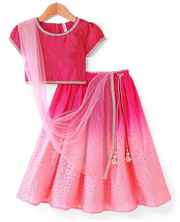 Babyhug Woven Half Sleeves Ombre Choli Lehenga & Dupatta Set with Embellishments - Pink
