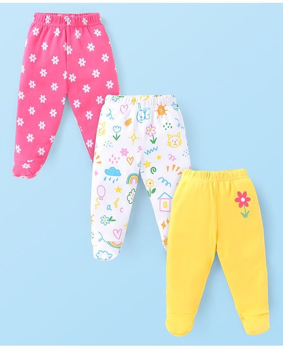 Babyhug Interlock Cotton Knit Bootie Leggings Floral Print Pack of 3 - Pink Yellow & White