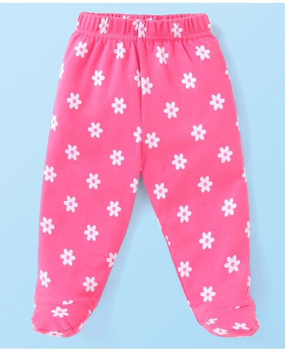 Babyhug Interlock Cotton Knit Bootie Leggings Floral Print Pack of 3 - Pink Yellow & White