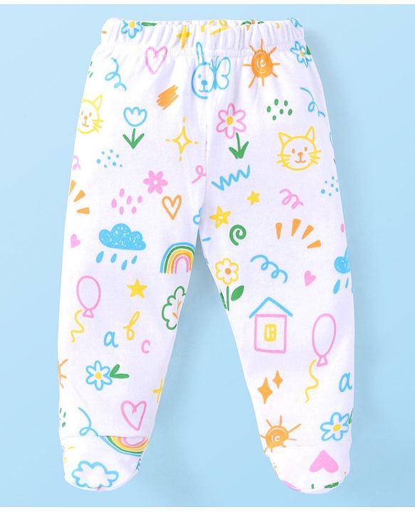 Babyhug Interlock Cotton Knit Bootie Leggings Floral Print Pack of 3 - Pink Yellow & White
