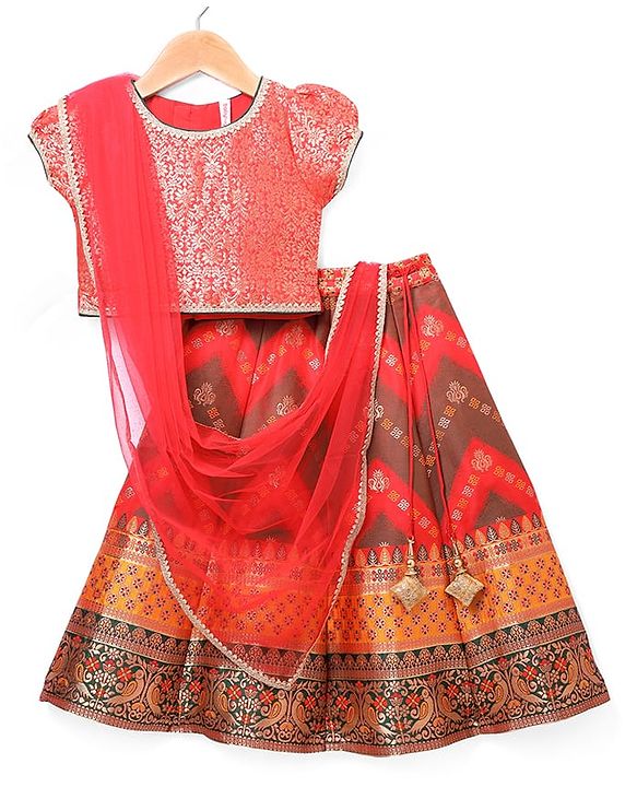 Babyhug Woven Half Sleeves Brocade  Choli Lehenga & Dupatta Set - Orange