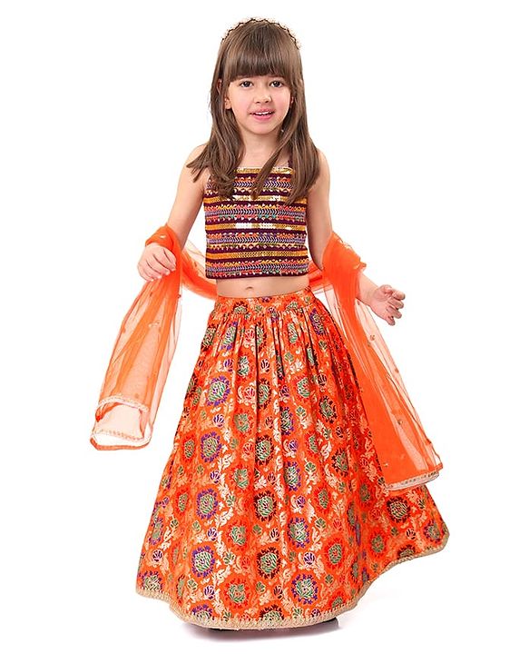 Babyhug Singlet Sleeves Sequinned Choli with Brocade Lehenga & Dupatta Set - Orange