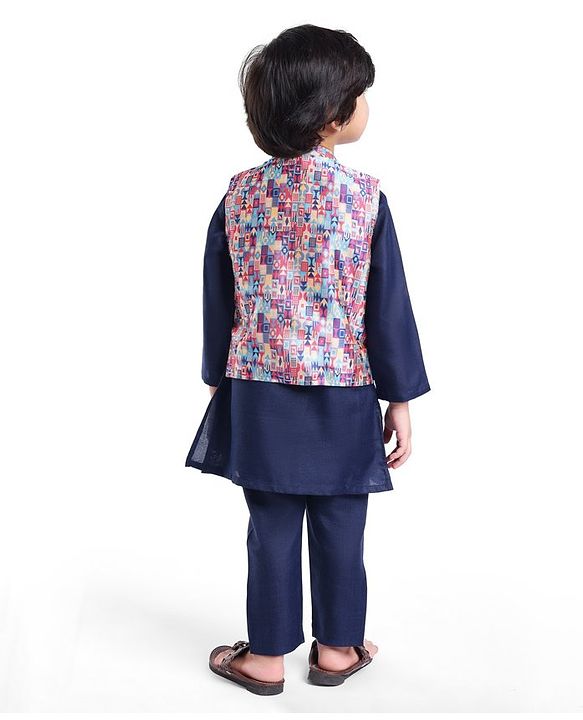 Babyhug Cambric Woven Full Sleeves Kurta Pyjama Set & Geometric Printed  Nehru Jacket  - Navy Blue