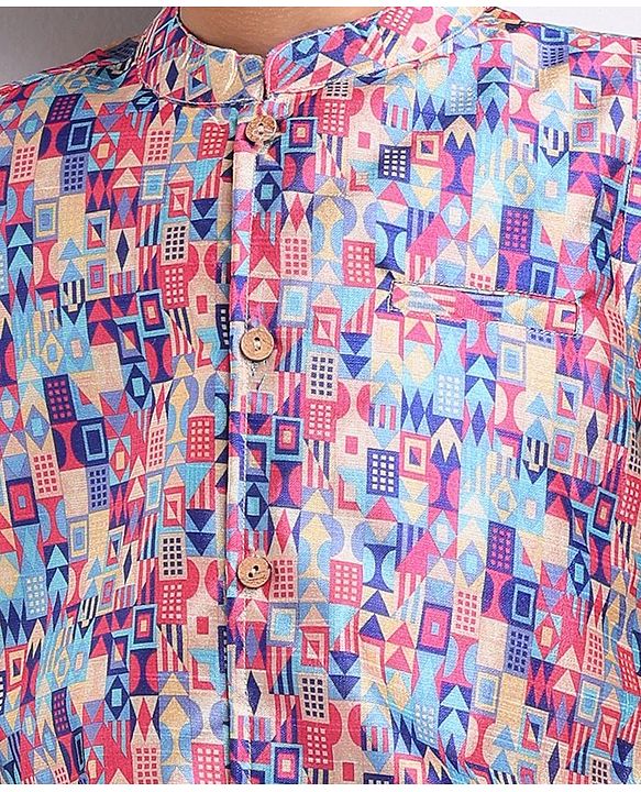 Babyhug Cambric Woven Full Sleeves Kurta Pyjama Set & Geometric Printed  Nehru Jacket  - Navy Blue