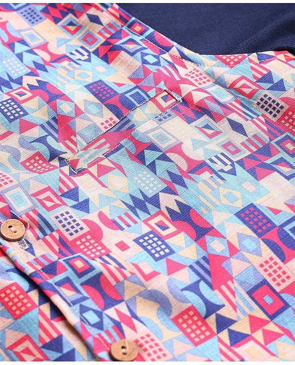 Babyhug Cambric Woven Full Sleeves Kurta Pyjama Set & Geometric Printed  Nehru Jacket  - Navy Blue