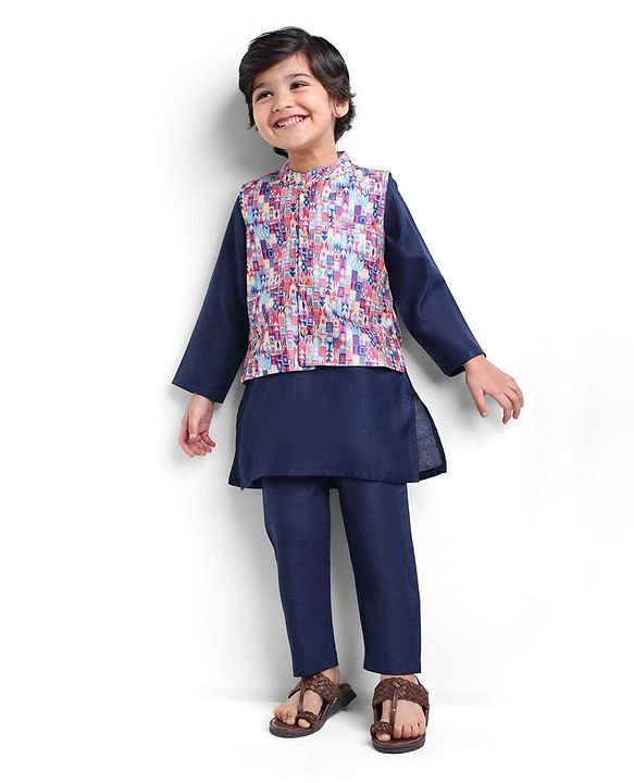 Babyhug Cambric Woven Full Sleeves Kurta Pyjama Set & Geometric Printed  Nehru Jacket  - Navy Blue