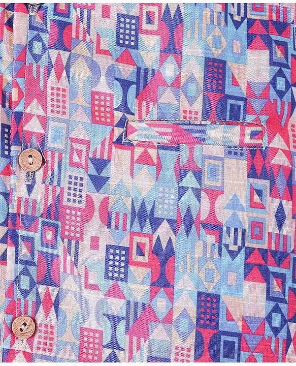 Babyhug Cambric Woven Full Sleeves Kurta Pyjama Set & Geometric Printed  Nehru Jacket  - Navy Blue