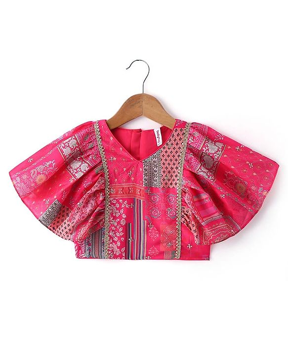 Babyhug Woven Flutter Sleeves Digital Printed Choli Lehenga Set with Dupatta & Lace Detailing - Fuschia