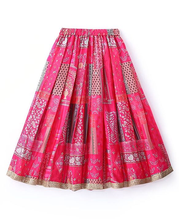 Babyhug Woven Flutter Sleeves Digital Printed Choli Lehenga Set with Dupatta & Lace Detailing - Fuschia