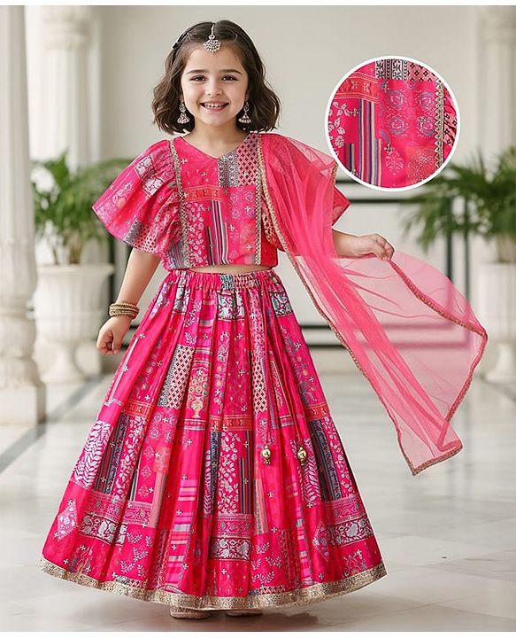 Babyhug Woven Flutter Sleeves Digital Printed Choli Lehenga Set with Dupatta & Lace Detailing - Fuschia